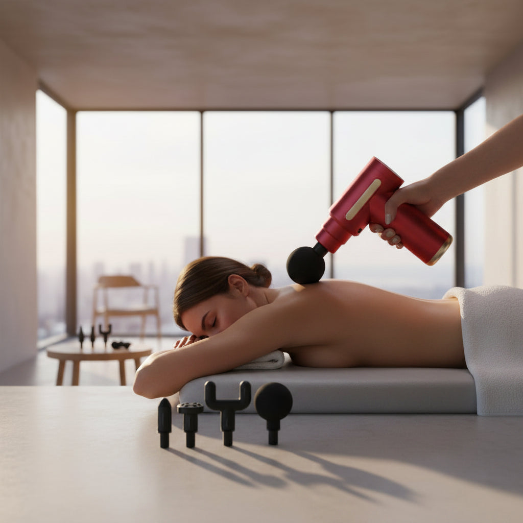 Mini Massage Gun by My Store showing a compact, handheld device with multiple attachment heads for muscle relief and relaxation.