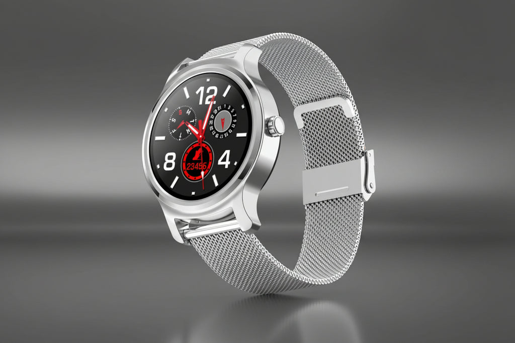 Smart watch with fitness tracking features, black band, digital display, and health monitoring functions.