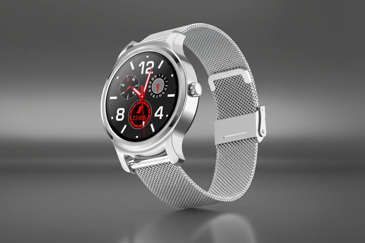 Smart watch with fitness tracking features, black band, digital display, and health monitoring functions.