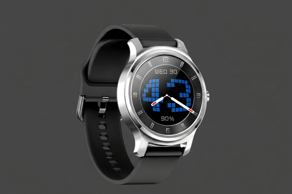 Smart watch with fitness tracking features, black band, digital display, and heart rate monitor from My Store.
