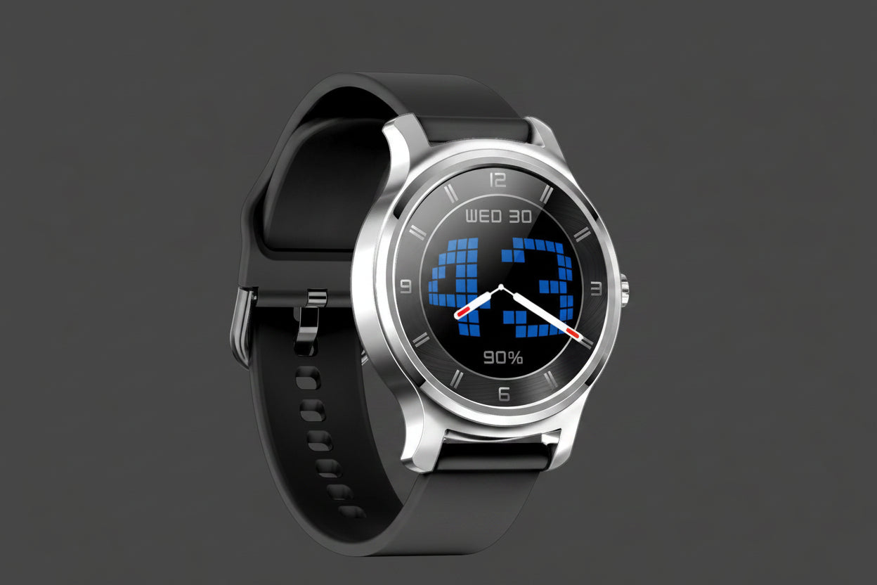 Smart watch with fitness tracking features, black band, digital display, and heart rate monitor from My Store.