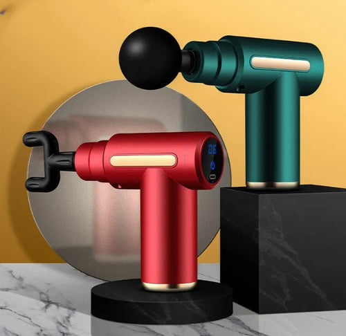 Mini massage gun by My Store with ergonomic handle and attachments for muscle relief, shown on a neutral background.