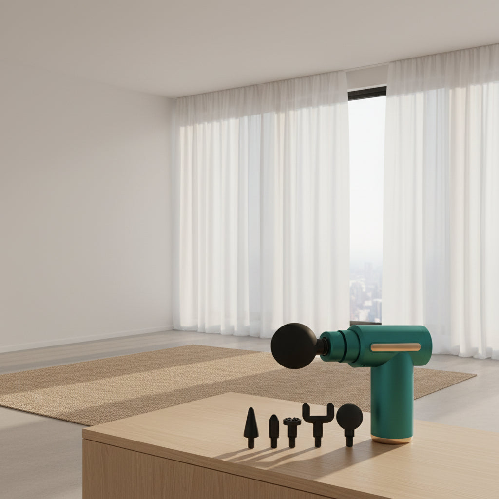 Compact Mini Massage Gun by My Store, showing its ergonomic design and attachment heads for muscle relaxation.