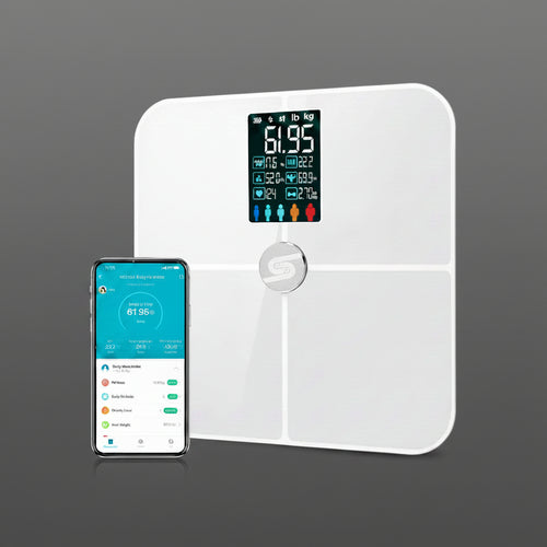Digital smart body weight scale by My Store with a sleek glass surface and digital display for accurate weight measurement.