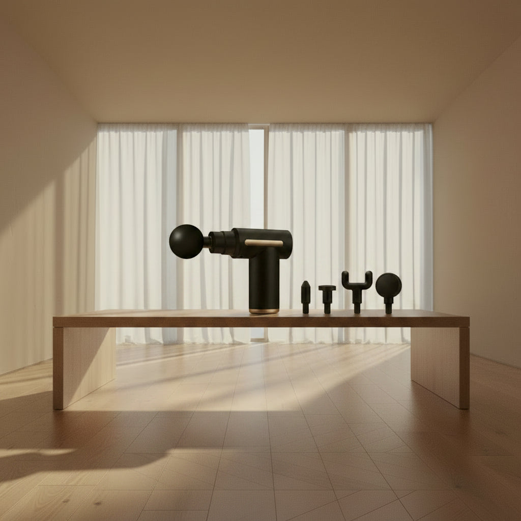 Mini massage gun from My Store with ergonomic handle and multiple attachment heads for targeted muscle relief.